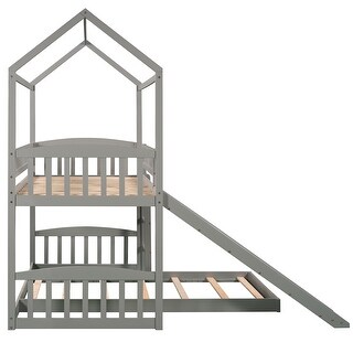 Gray Twin Over Twin Wood House Bed Bunk Bed with Convertible Slide and ...