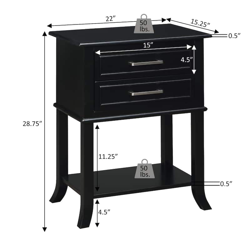 2 Drawer End Table with Shelf Transitional Storage Nightstand Solid Wood Legs Flared Base Beveled Edge Accent Table - 22