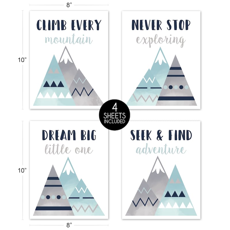 Sweet Jojo Designs Navy Blue, Aqua and Grey Aztec Mountains Collection Wall Decor Art Prints (Set of 4) - Dream Big Adventure