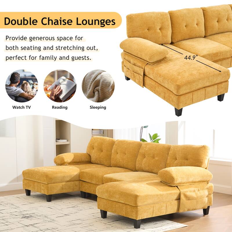 103.5" Chenille U-Shaped Sectional Sofa with Dual Chaise Lounges and Storage Pockets