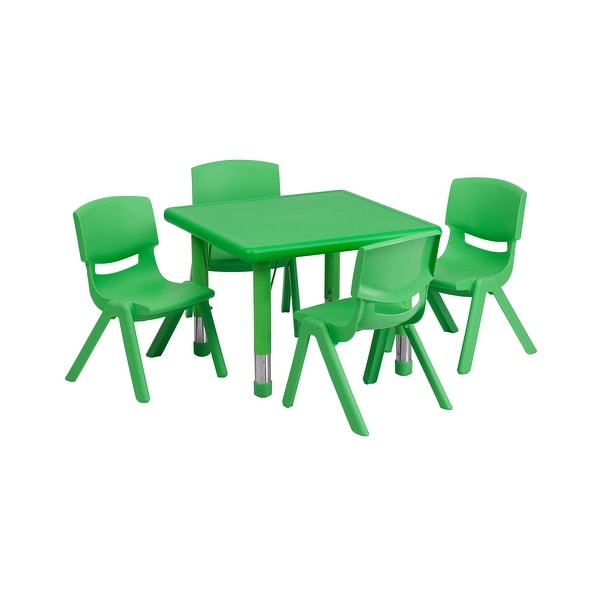 Offex 24'' Square Adjustable Green Plastic Activity Table Set with 4 School Stack Chairs