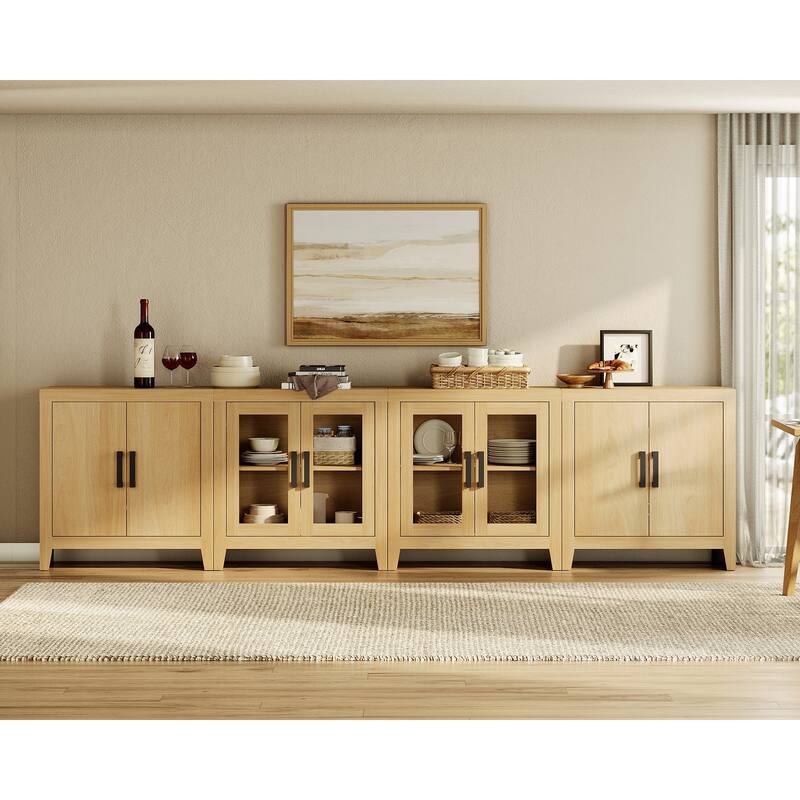 WAMPAT Farmhouse Buffet Cabinet with Glass Doors, 4-Piece Modular Sideboard with Adjustable Shelves - Oak