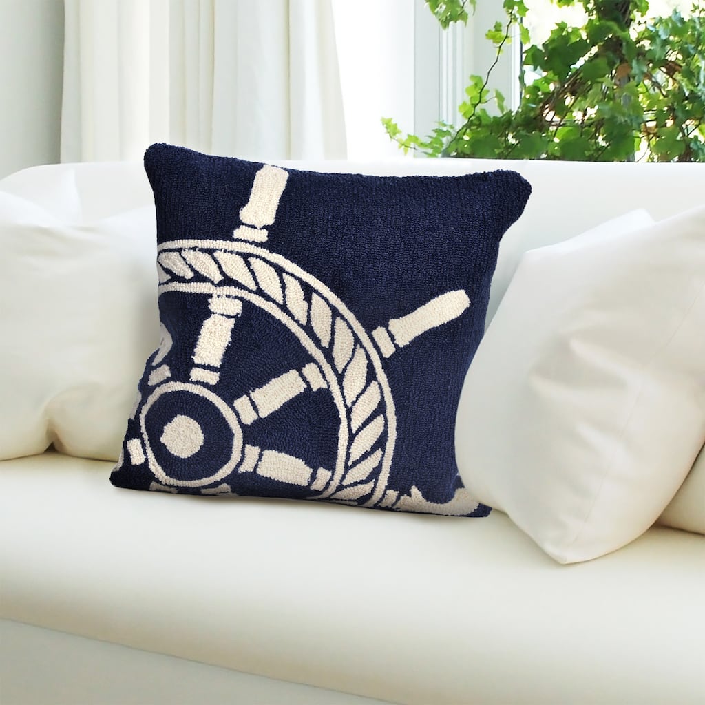 Liora Manne Frontporch Ship Wheel Indoor/Outdoor Pillow Navy 18" Square