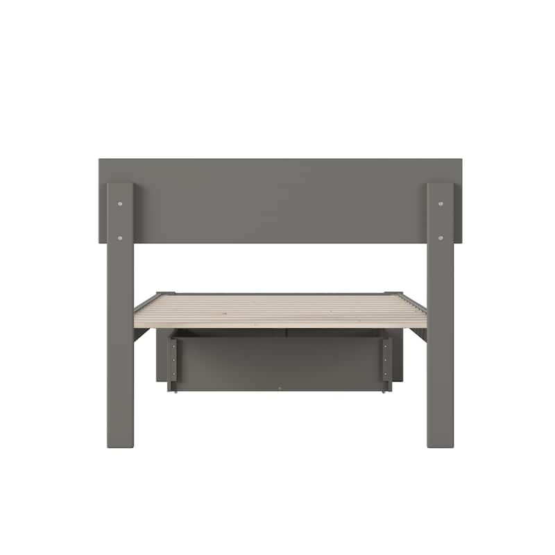 Twin XL Bed with Storage & USB - Grey Platform Bed Frame, Modern Design, Foot Drawer