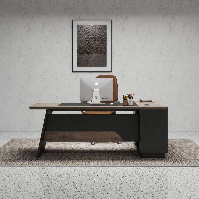 WESOME Black/Wood L-Shaped Executive Desk with Cabinet Built-In Outlet(LP002)