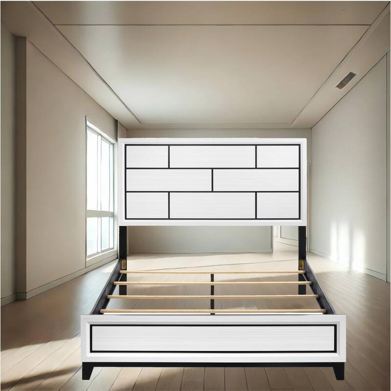 Sleek White Finish Platform Bed with Black Line Detailing - Available in Twin, Full, Queen, King Sizes - White - Queen