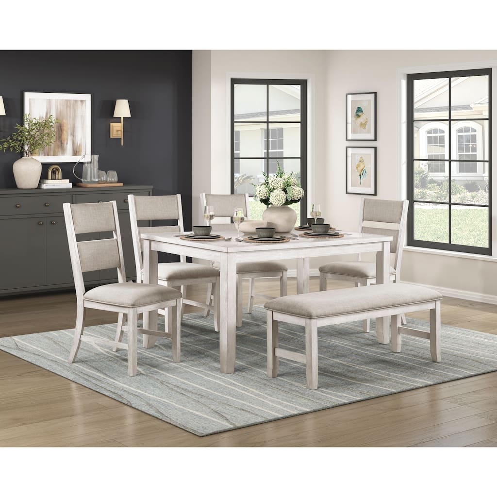 Farmhouse 6pc Dining Set Table Bench 4x Side Chairs Upholstered Seat Antique White Finish Durable Wooden Furniture