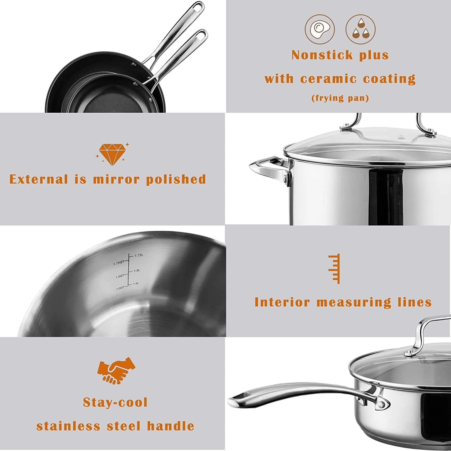 Stainless Steel Pots and Pans Set Ceramic Nonstick, 10 Pieces Professional  Home Chef Kitchen Cookware Set with Stay-Cool Handles, Mirror Polished,  Oven Dishwasher Safe, Non Toxic Non Teflon 