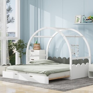Twin Size Stretchable Vaulted Roof Bed with Pine Wood Frame for Kids - Transformable Play and Sleep Space