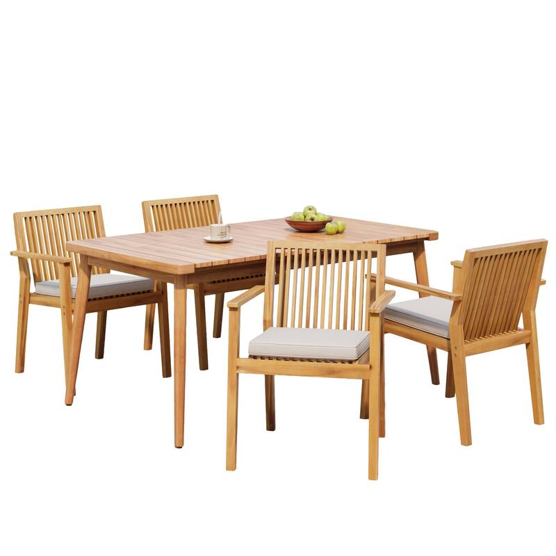 5-Piece Acacia Wood Outdoor Dining Set, Patio Table & Chairs with Removable Cushions, Slatted Tabletop for Garden Backyard