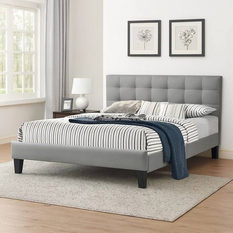 Dex Modern Platform Queen Size Bed, Square Tufted Upholstery, Light Gray