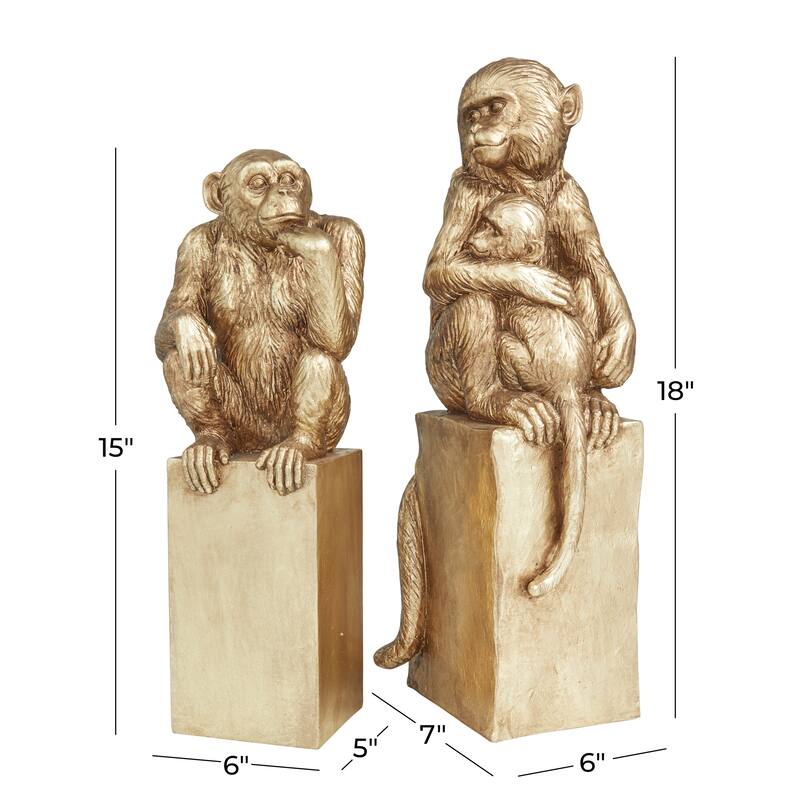 Gold Resin Monkey Decorative Sculpture (Set of 2) - 7 x 6 x 18 and 5 x 6 x 13