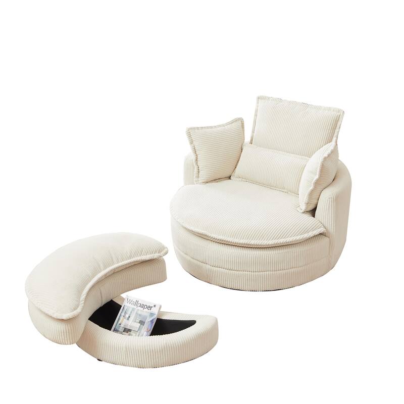 38"W Oversized Swivel Chair with Storage Ottoman, Beige Corduroy