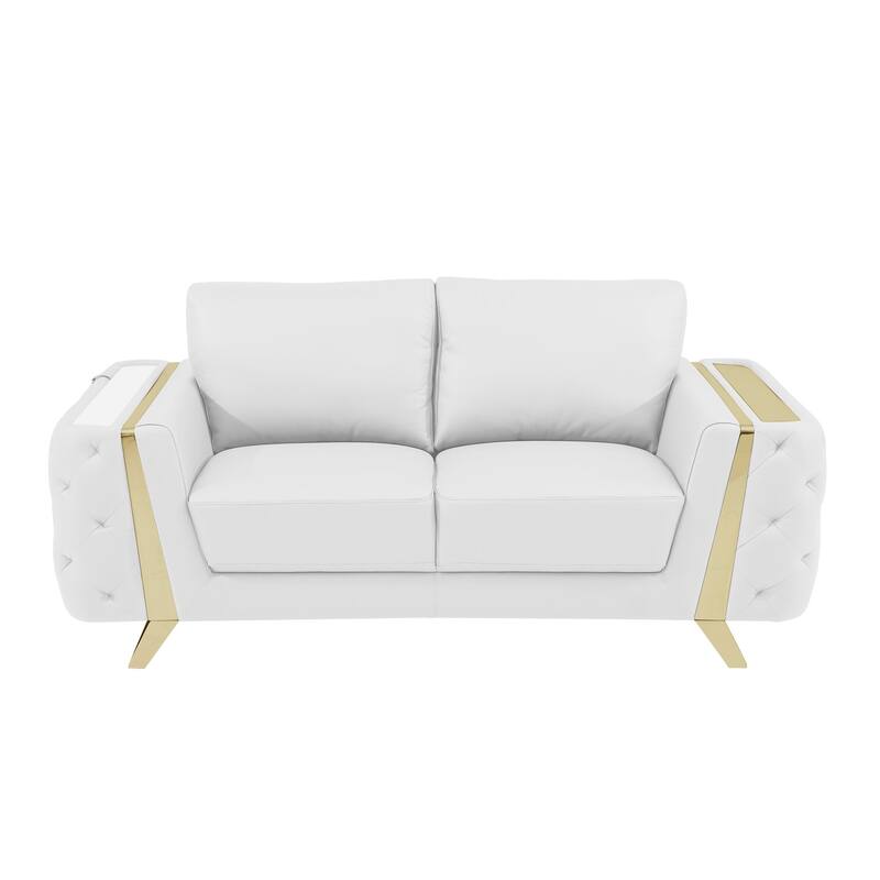 HomeRoots 72" White And Gold Genuine Leather Loveseat