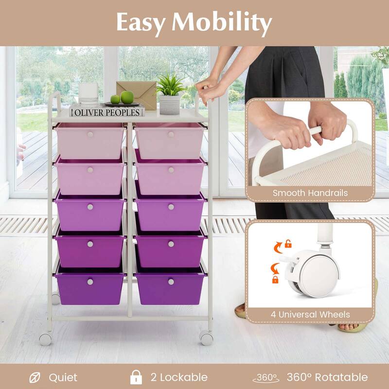 Costway 10-Drawer Storage Cart Utility Rolling Trolley Kitchen Office