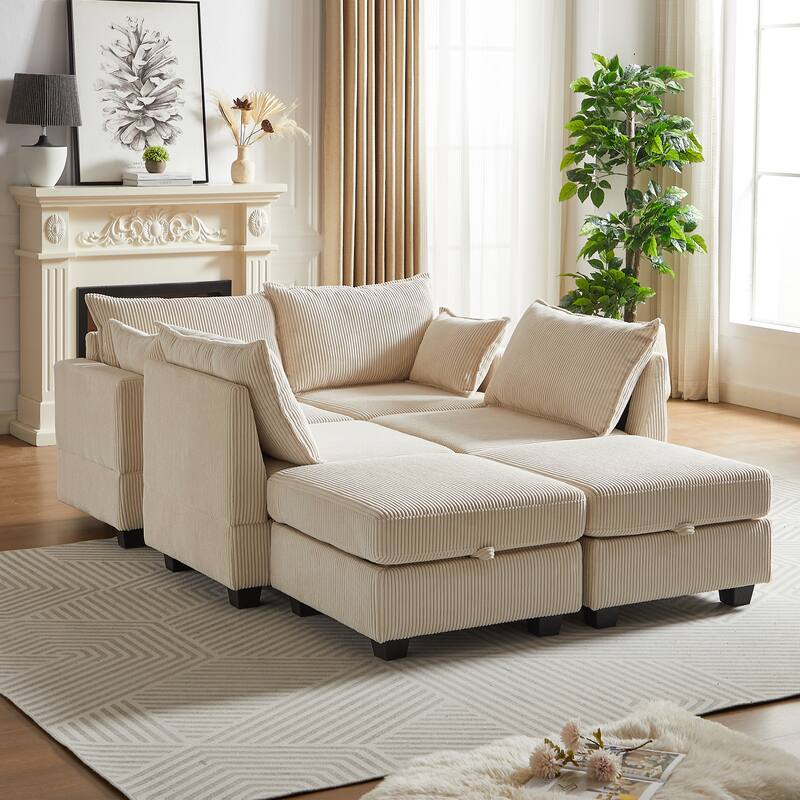 113.5" Corduroy U-Shaped Sectional Sofa with Ottoman