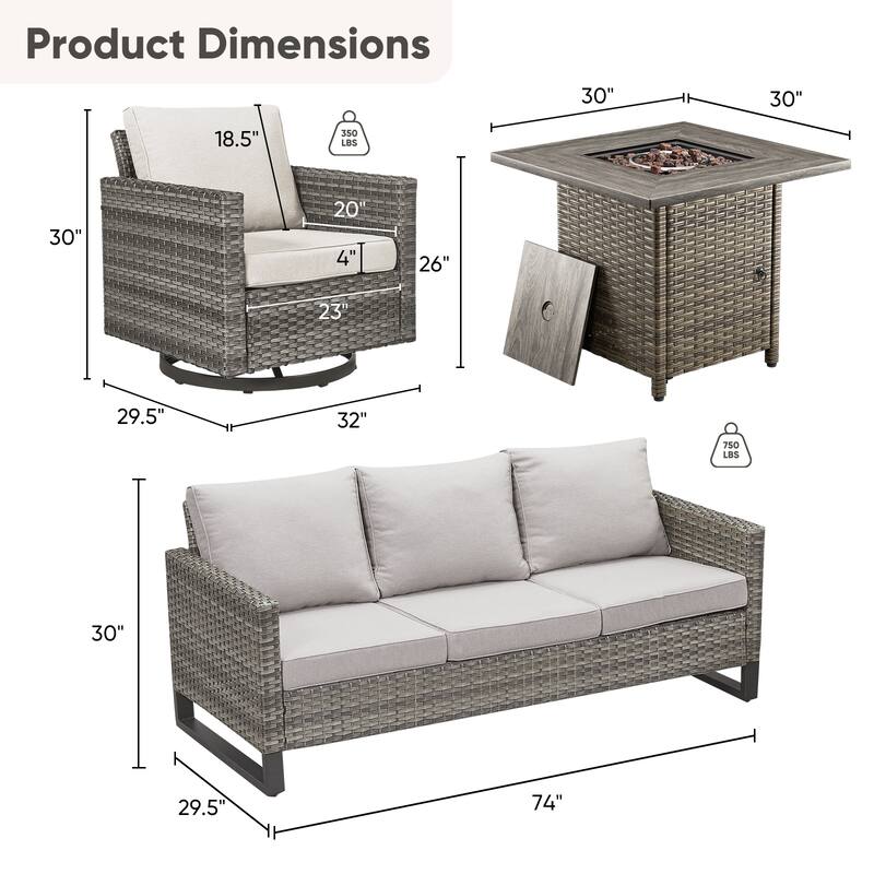 4 Pieces Fire Pit Table with Sofa Swivel Chair Set
