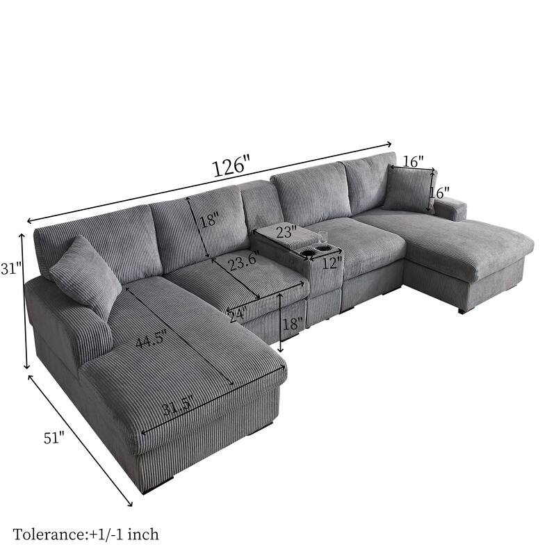 Comfy Corduroy Cloud U-shaped Sectional Sofa with Double Chiase Lounge, Built-in Storage Console and Cup Holders for Living Room
