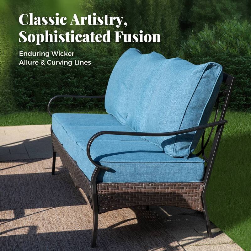 MAISON ARTS Patio Furniture Set with 56" Fire Pit Table, Deep Seating Sofa & Swivel, Rocking, and Fixed Chairs (5 Seats, Beige)