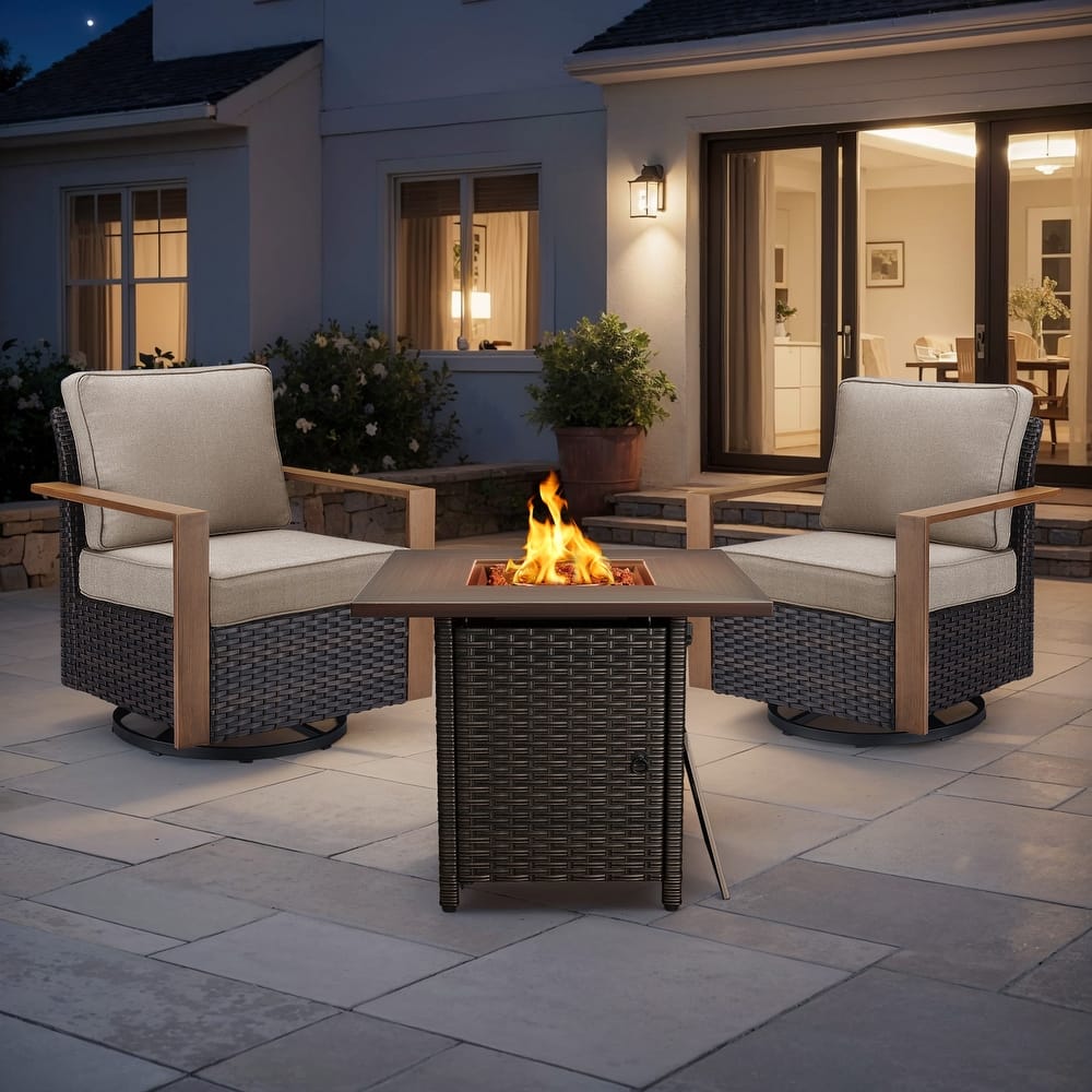 Meyreso 3-Piece Wicker Swivel Glider Fire Pit Set with Plush 4.5" Olefin Cushions