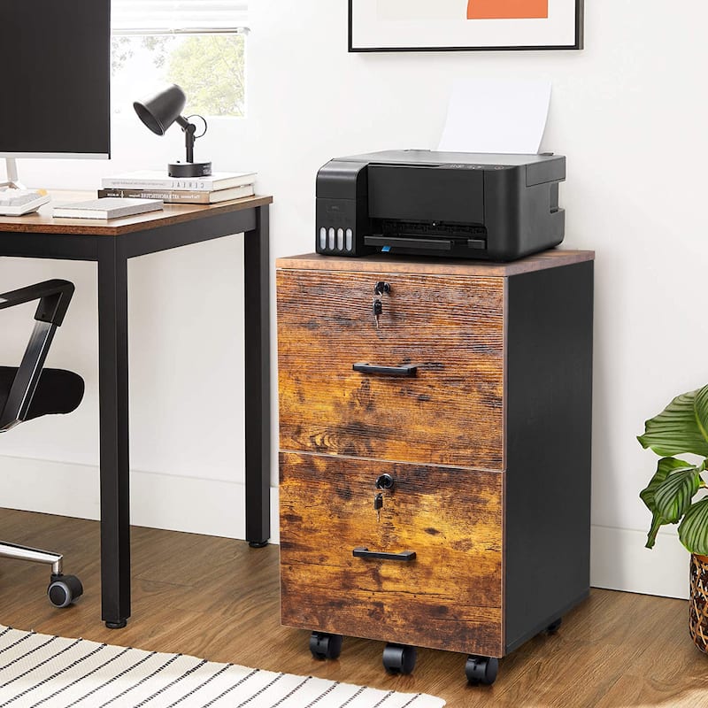 Brown and Black 2-Drawer Rolling Wood File Cabinet with Lockable Wheels for Office Storage