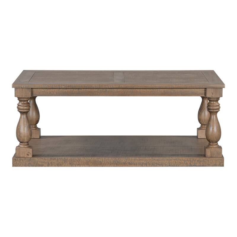 Vintage Coffee Table Featuring Artistic Vase Column Legs and Luxurious Pine Veneer for Timeless Charm