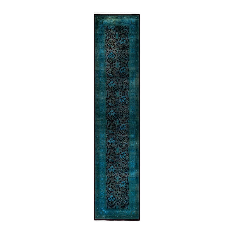 Overton Hand Knotted Wool Vintage Inspired Modern Contemporary Overdyed Blue Runner Rug - 2' 6" x 12' 0"
