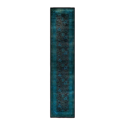 Overton Hand Knotted Wool Vintage Inspired Modern Contemporary Overdyed Blue Runner Rug - 2' 6" x 12' 0"