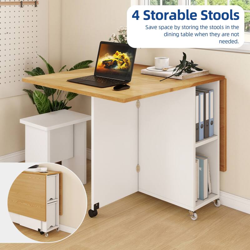 Moasis 5 Pieces 7 Pieces Folding Dining Set with Drop Leaf Table and Storage Stools for up to 6 People