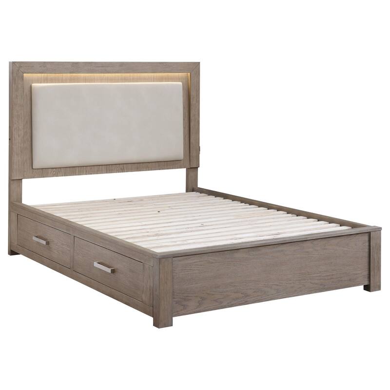 Keno King Bed, Upholstered LED Headboard, 4 Storage Drawers, Brown
