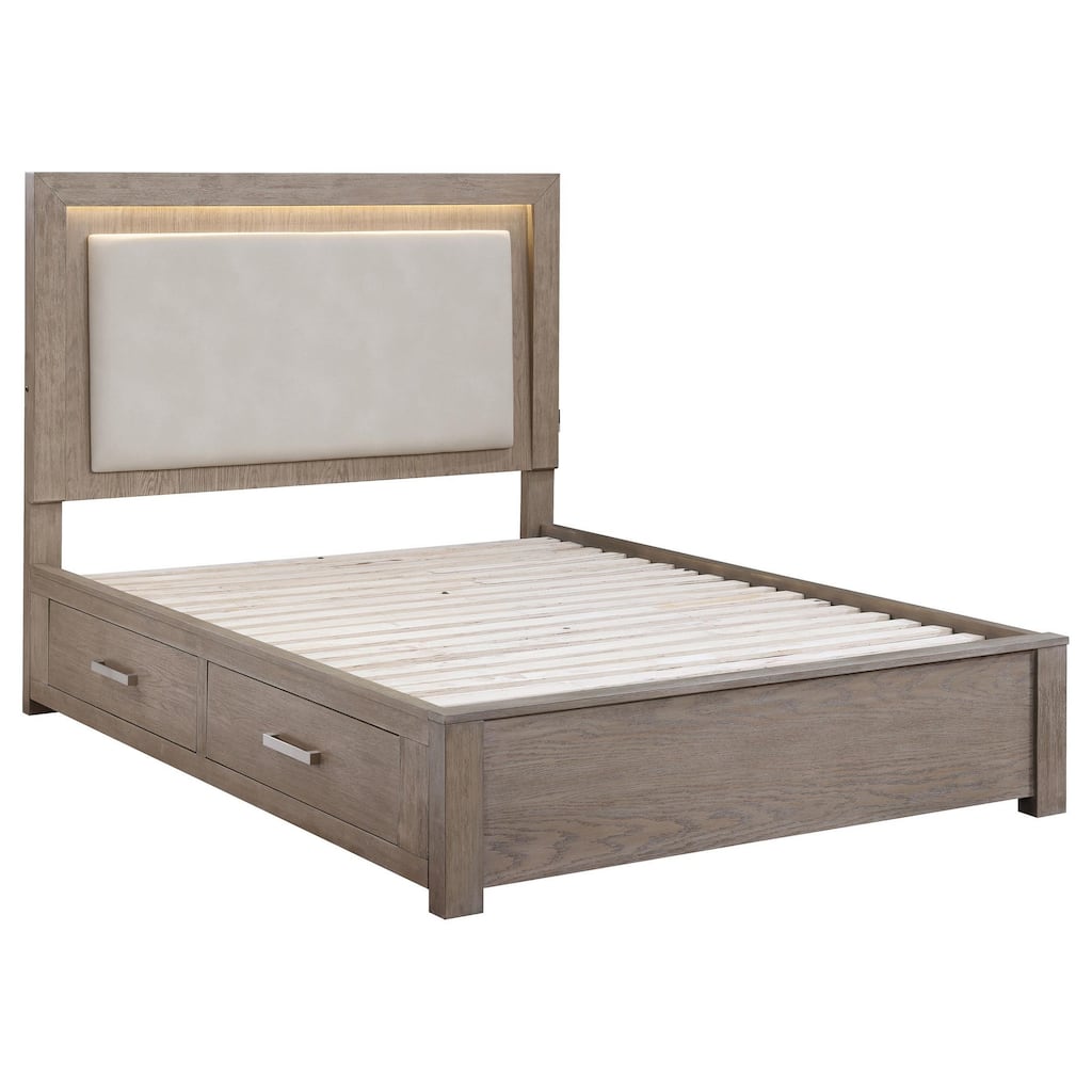 Keno Queen Bed, Upholstered LED Headboard, 4 Storage Drawers, Brown