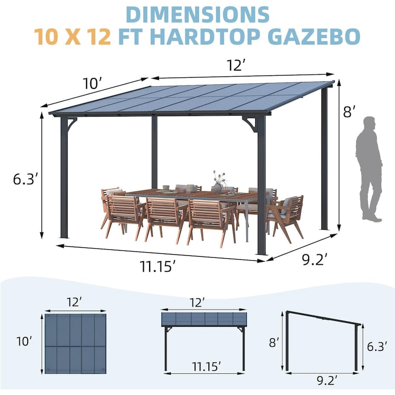 AECOJOY Large Wall-Mounted Heavy Duty Gazebo Hard Top Lean to Pergola with Roof