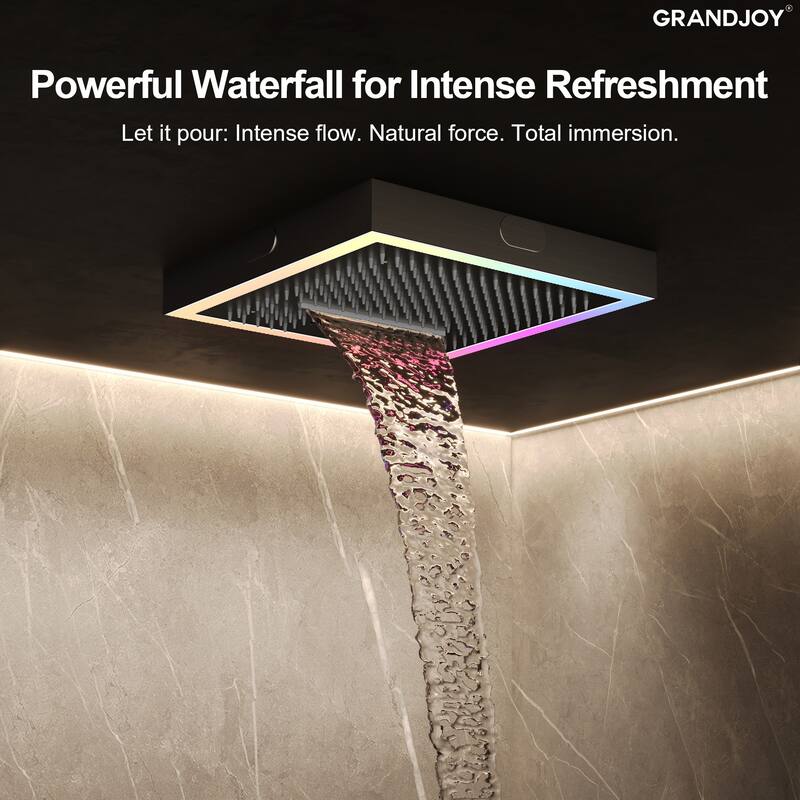 GRANDJOY Thermostatic LED Rain and Waterfall Shower System with Handheld, Built-In Music Function