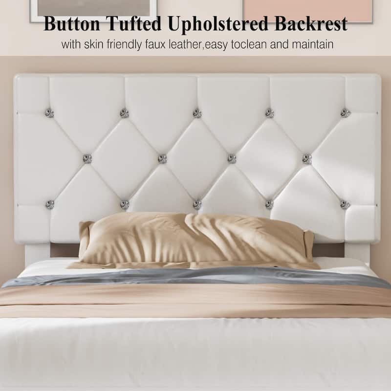 Javlergo 2-Piece Twin Bed Frame Set 39.4-45.3" Adjustable Height PU Leather Headboard with Diamond Embellishment Storage Drawer