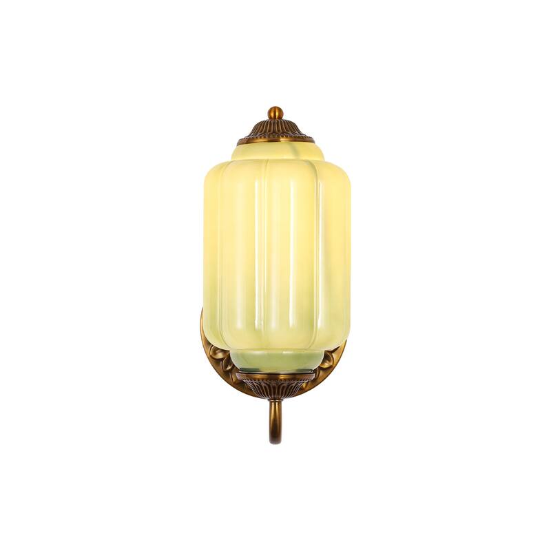 1-Light Vintage Aged Antique Brass Finish Lantern Shaped Wall Light with Milk/Green Glass for Bedroom, Hallways
