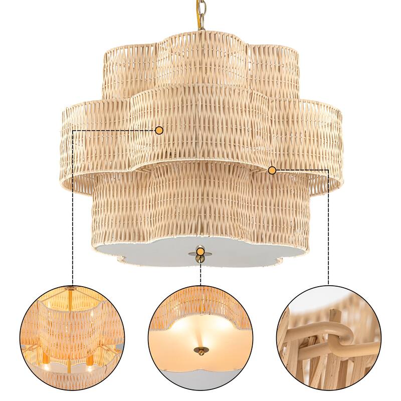 C Cattleya 6-Light Natural Rattan Chandelier with 3-Tier Hand Woven Flower-Shaped Shade - 24-inch