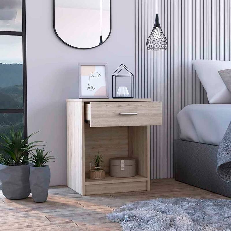 Modern Light Gray Nightstand with Drawer and Shelf, Space-Saving Design for Bedroom or Living Room