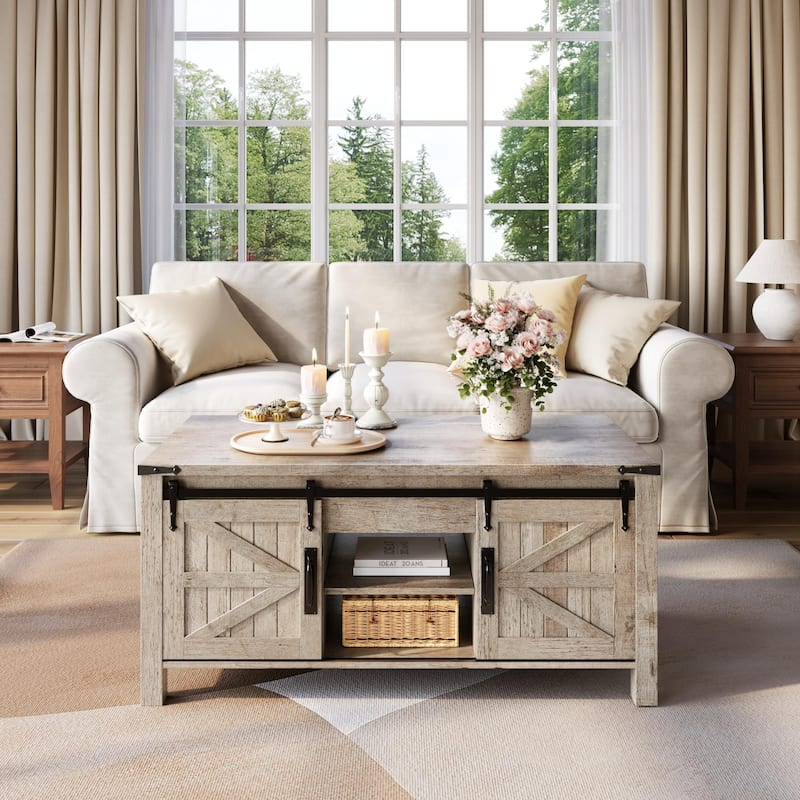 Farmhouse lift-top Coffee Table, Hidden Storage, Rustic Center Table - Grey