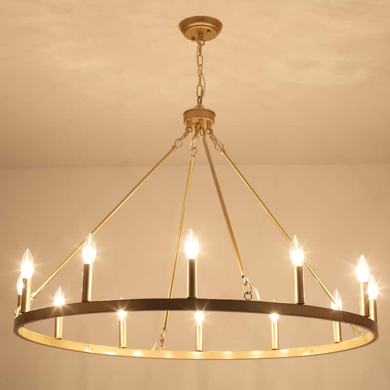 12-Light 37.99 in. Rustic Wagon Wheel Chandelier for Bedroom Kitchen