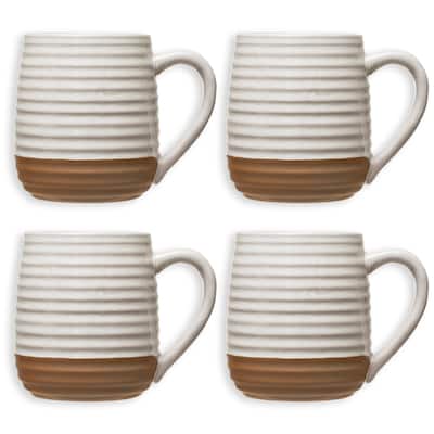 Rustic Stoneware Mugs with White Ribbed Design, Set of 4