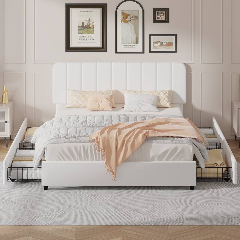 Javlergo Upholstered Platform Bed Frame with Storage Drawers and Adjustable Headboard, No Box Spring Needed - White - Queen