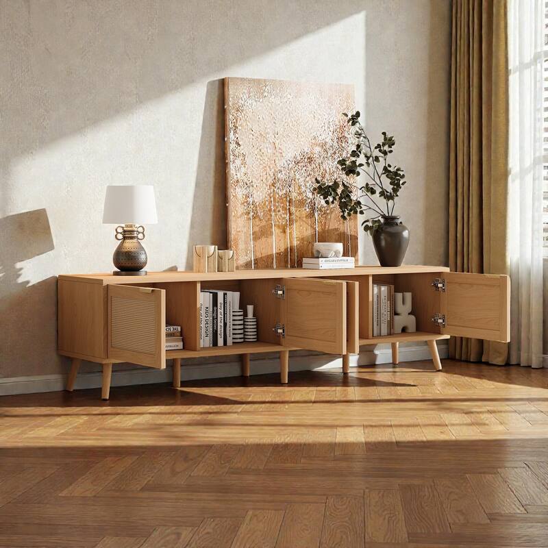 70" Rattan TV Stand for TVs up to 80", Modern Media Console with Storage Cabinets & Cable Holes, Solid Wood Legs
