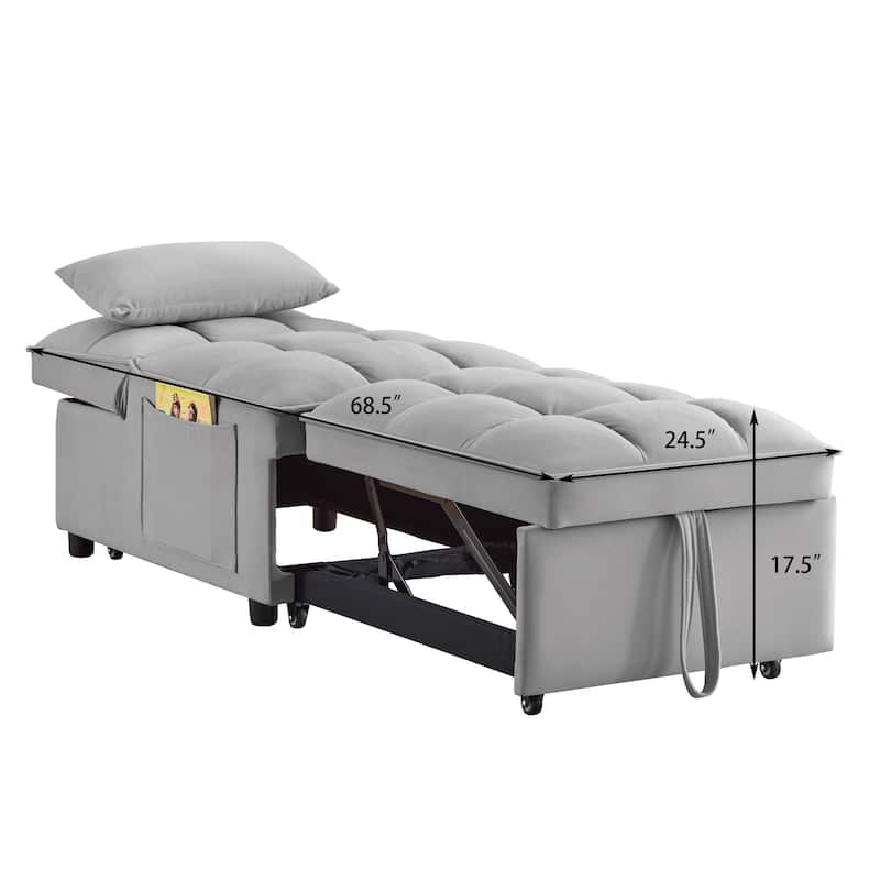 Gray Velvet Folding Sofa Bed with Adjustable Backrest
