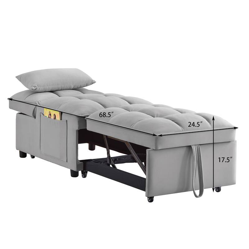 Velvet Multi-Function Chair Bed with Adjustable Backrest, Storage Pockets and Convertible Chaise Design