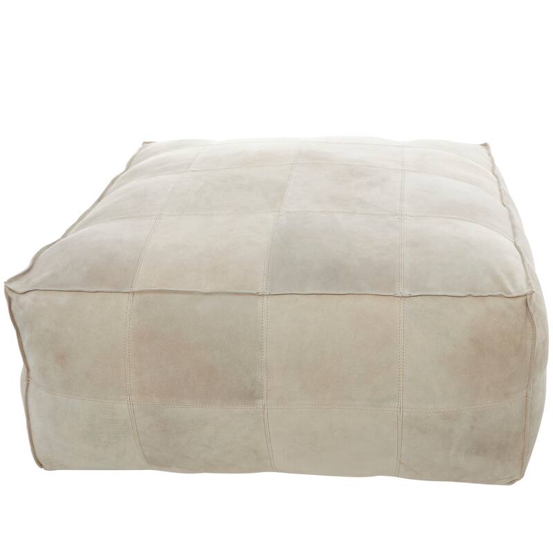 Gray Leather Low Profile Square Pouf with Patchwork Design