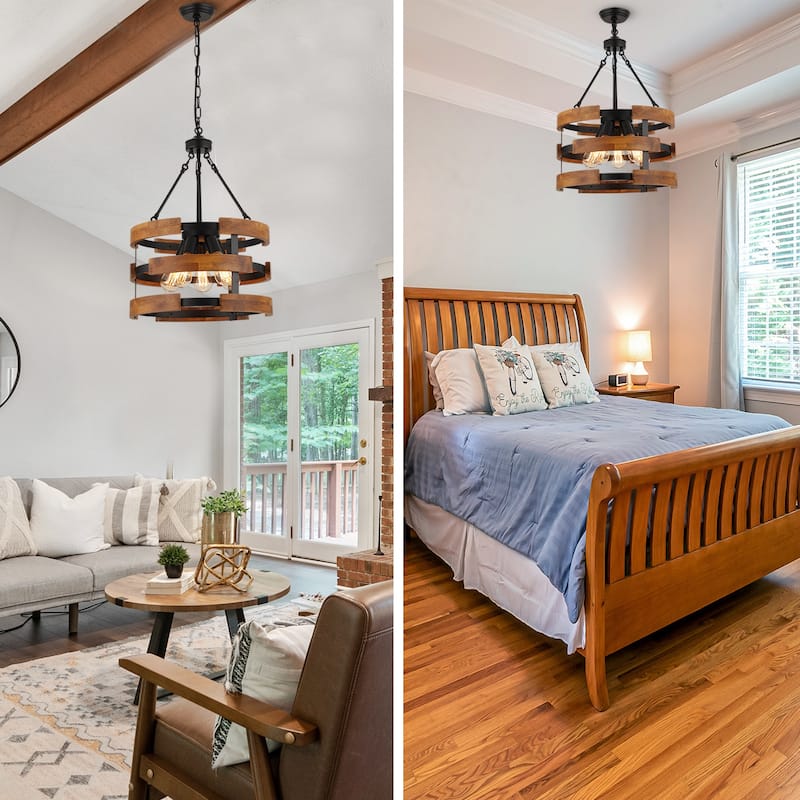 Modern Farmhouse 5-Light Drum Wood Chandelier Round Pendant Lights for Dining Room - 18" D x 24" H