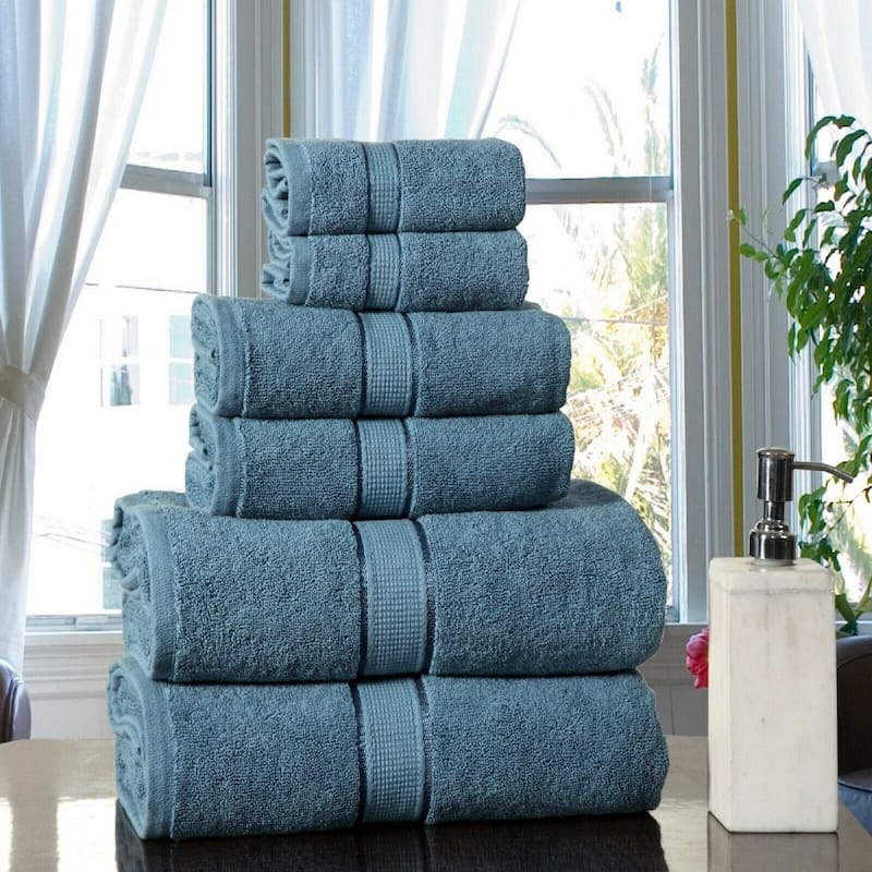 Luxurious 100% Cotton Absorbent 600 GSM 6 Piece Bathroom Towel Set 2 Washcloths, 2 Hand Towels, 2 Bath Towels - Blue