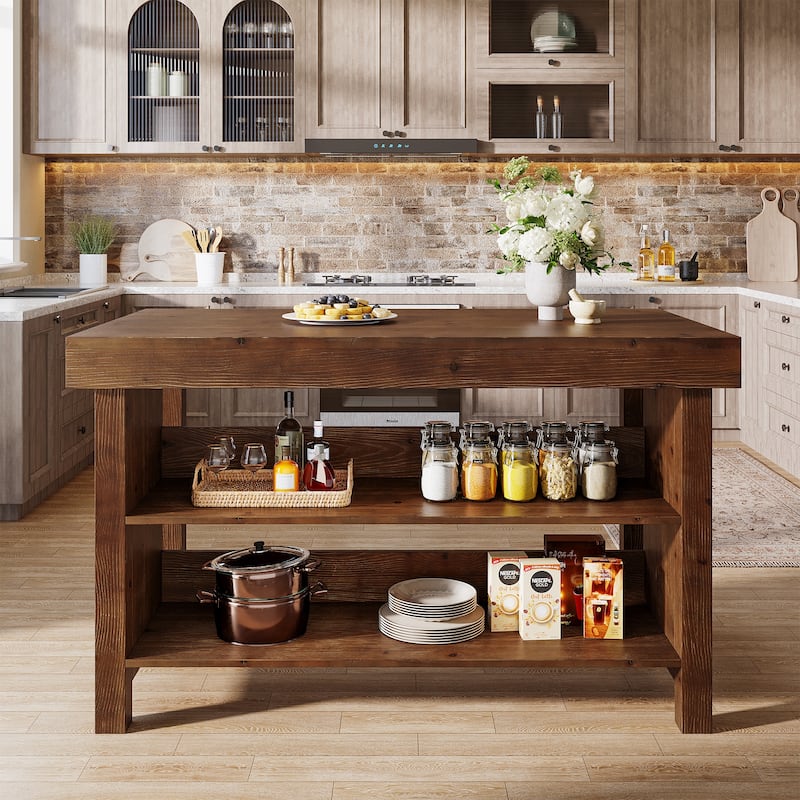Solid Wood Kitchen Island, Open Storage Counter Height Table, Kitchen Dining/Living Room Coffee Bar Accent Island