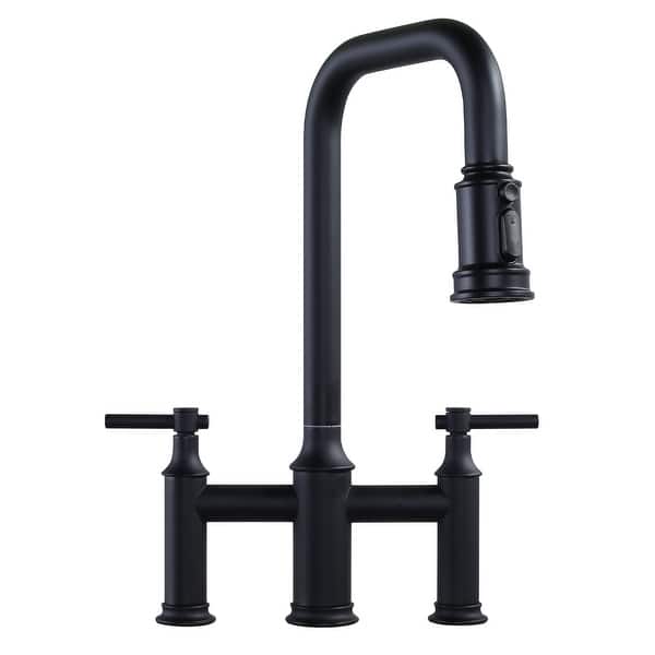 slide 2 of 40, WOWOW Double Handle Bridge Kitchen Faucet with Advanced Spray Matte Black