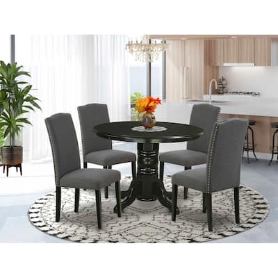 HomeStock 5-Piece Round Black Finish Solid Wood Top Dining Table with 4 Parson Chair with Lattice Back